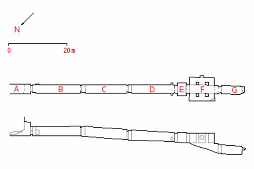 Schematische weergave van de graftombe van Seti II, dynastie 19